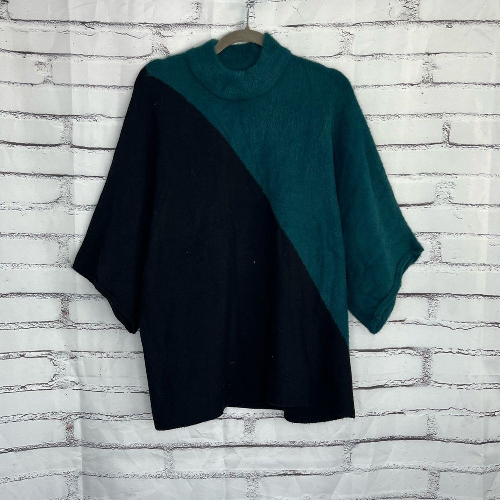 Alfani Teal Black Colorblock Mock Neck Short Sleeve Sweater Women’s 1X Fuzzy
